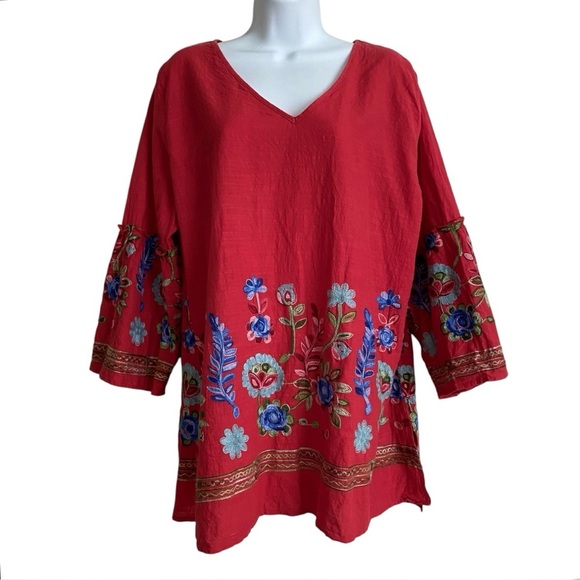 CALESSA Red Cotton Tunic Top Plus Size 1X Boho Embroidered Floral  V-neck Summer - Picture 1 of 14